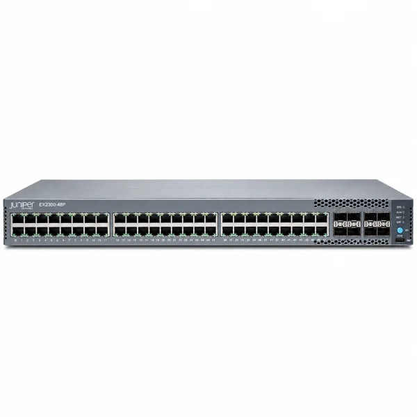 Juniper EX4100-F-48P Managed Switch (L3) – 48× 1G-RJ45 (10/100/1000BASE-T, PoE+) + 8× 1G/10G SFP+ (4× VCP + 4× Uplink), 19-Zoll-Rackmontage (1 HE)