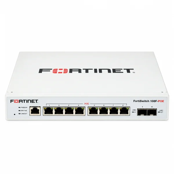 Fortinet FS-108F-POE Managed Switch (L2) – 8× 1G-RJ45 (4× PoE+) + 2× 1G-SFP, Desktop