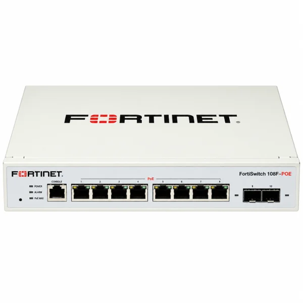 Fortinet FS-108F-FPOE Managed Switch (L2) – 8× 1G-RJ45 (PoE+) + 2× 1G-SFP, Desktop